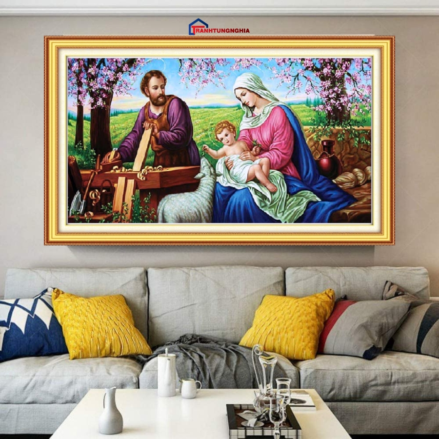 Tranh đính đá - tranh thêu chữ thập gia đình thánh gia 80cm x 50cm - 1m20 x 65cm