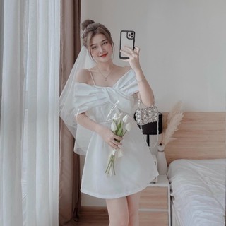 Đầm trắng 2 dây trễ vai xoắn nơ ngực dáng xòe váy cưới cô dâu nina lê
