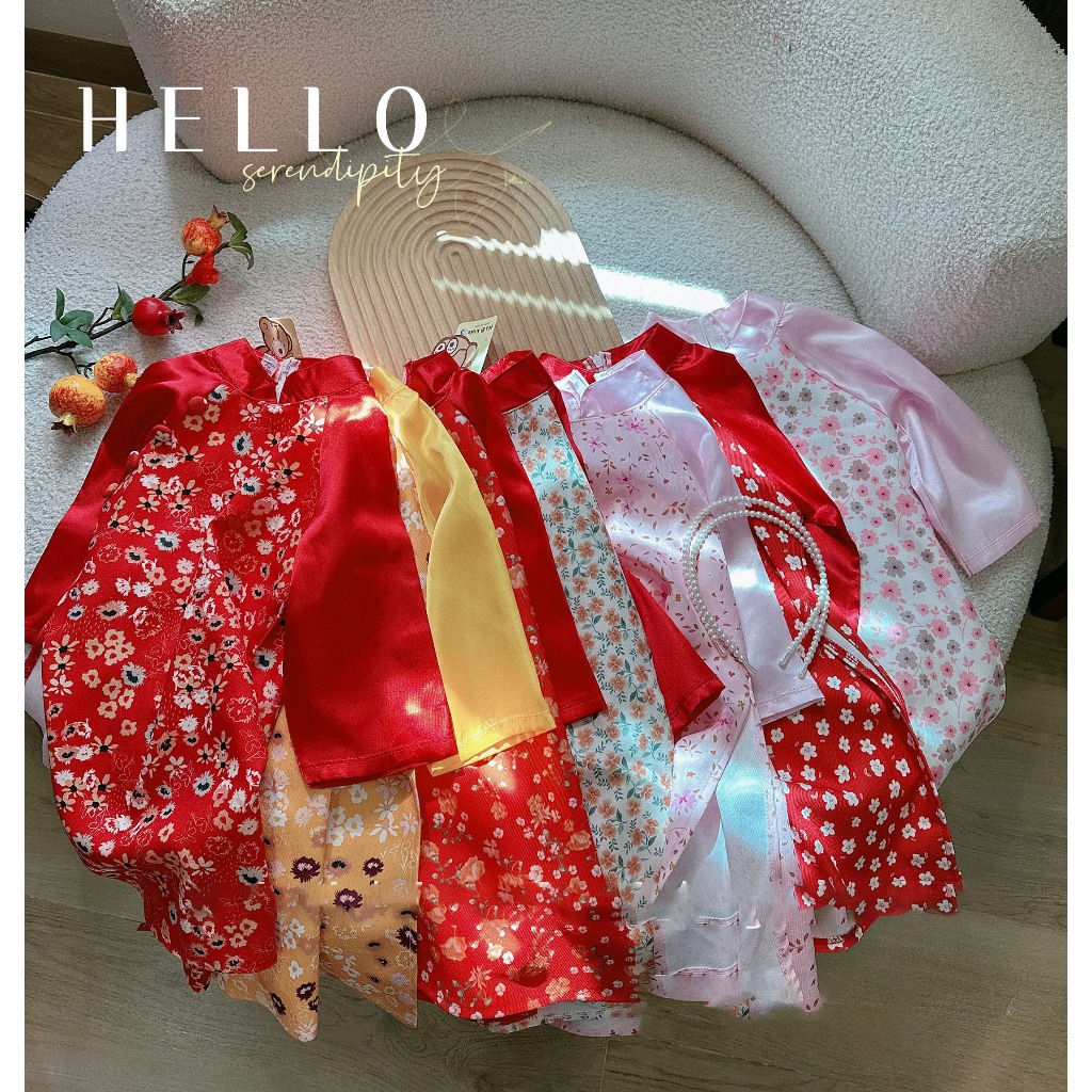(8-20kg) Set Bộ Áo Dài Lụa Gấm Cách Tân Cho Bé Gái Họa Tiết Hoa Ngày Tết Xinh Dễ Thương Cho Trẻ Em -CAFE120