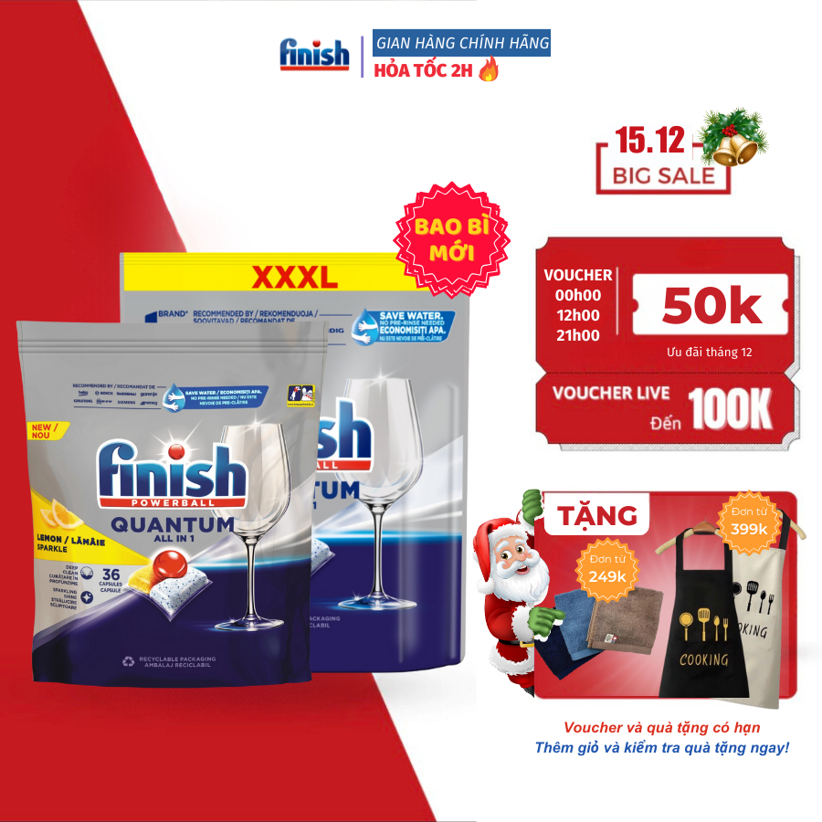 Viên Rửa Chén Bát Finish Quantum 60Viên/36Viên Hương Chanh/Táo Chanh/Không Mùi Nhập Khẩu Eu, Làm Sạch Nhanh Chóng