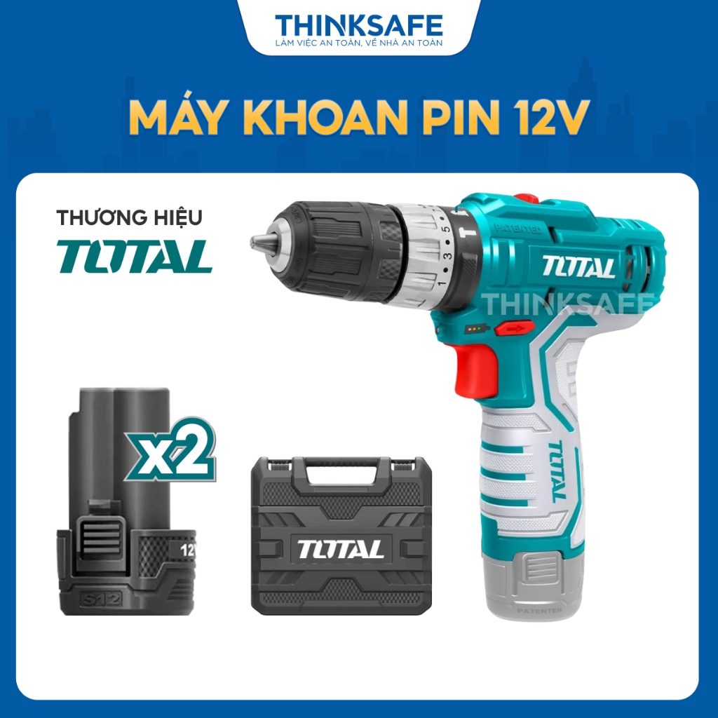 Máy khoan pin Total TIDLI12201 điện thế 12V dùng khoan bê tông, khoan gỗ, khoan sắt, Máy bắn vít chính hãng - Thinksafe