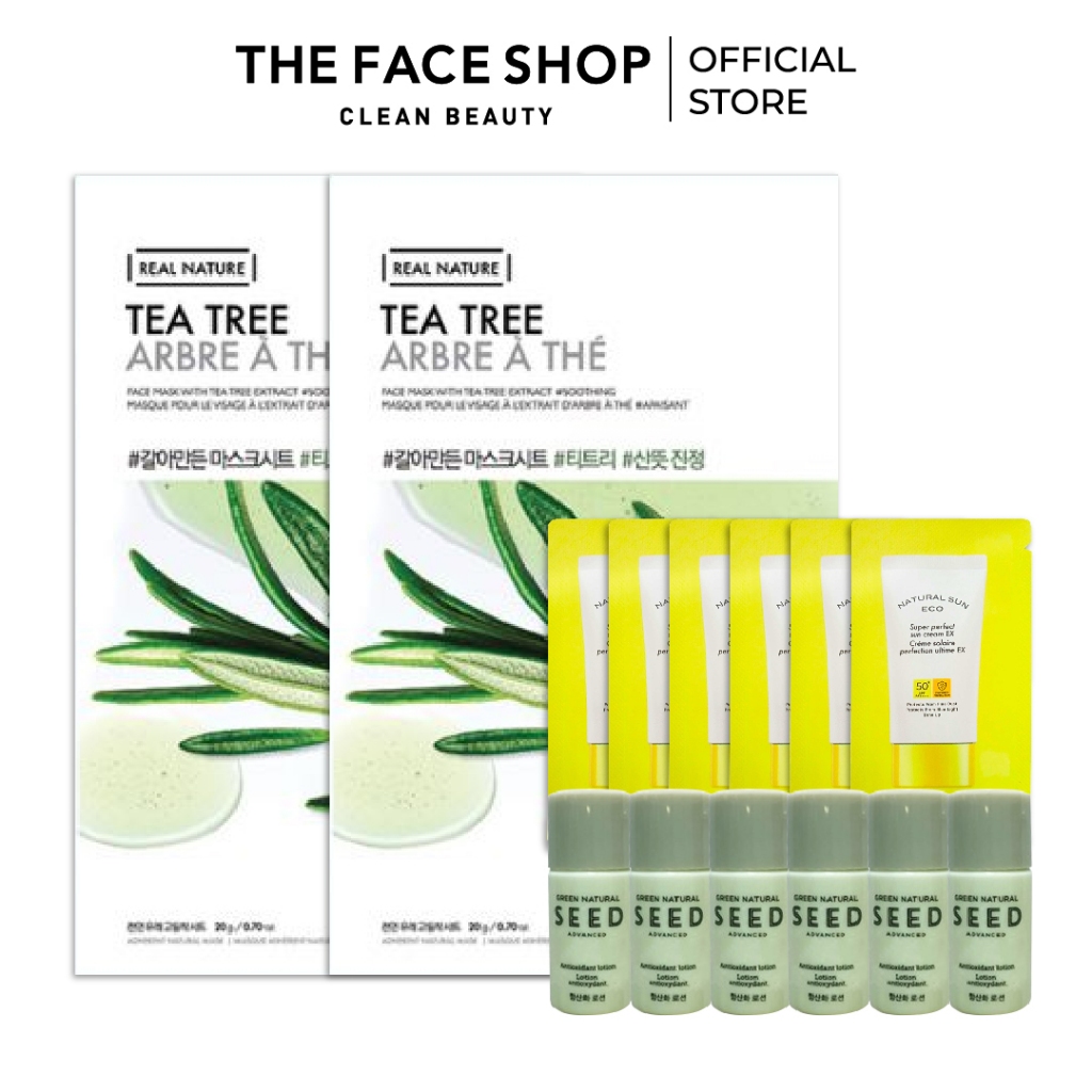 Combo Cấp Ẩm Dưỡng Da THE FACE SHOP (2 mặt nạ tràm trà 20g, 6 sữa dưỡng 5ml, 6 kem chống nắng 1.2ml)