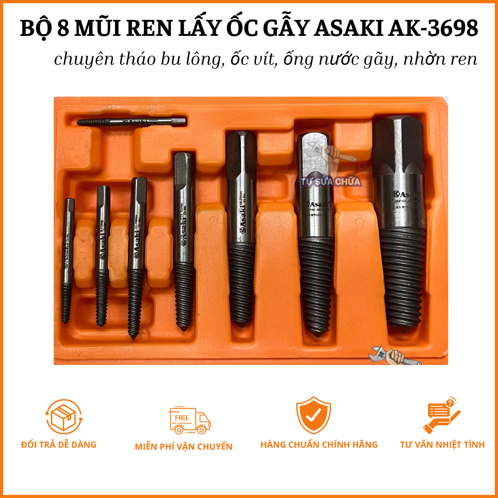 Bộ 8 mũi ren chuyên tháo bu lông, ốc vít, ống nước gãy, nhờn ren loại xịn chính hãng Asaki AK-3698
