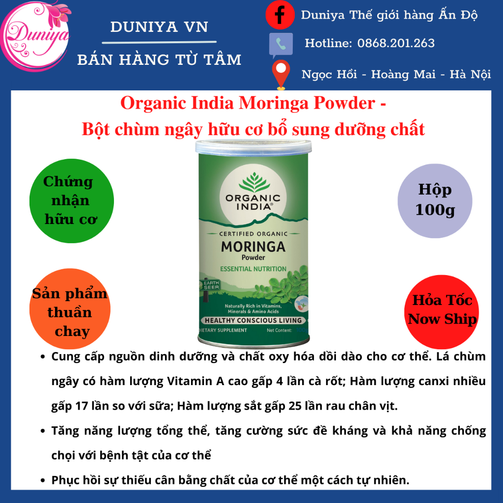 Bột chùm ngây hữu cơ bổ sung vitamin dưỡng chất Organic India Moringa Powder