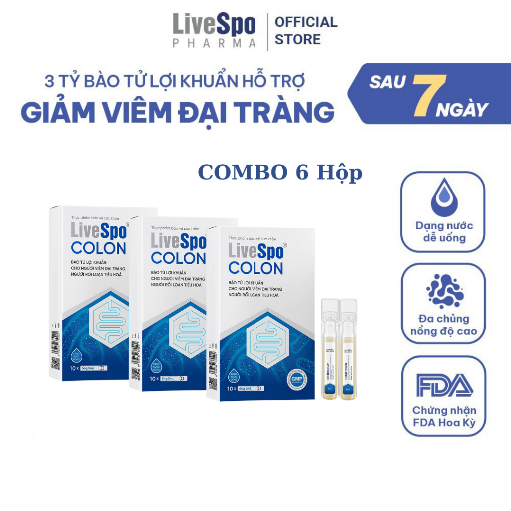 COMBO 6 Dùng cho Viêm Đại Tràng, Táo bón, Tiêu chảy - LiveSpo COLON 3 tỷ bào tử lợi khuẩn (Hộp 10 ống x 5ml)