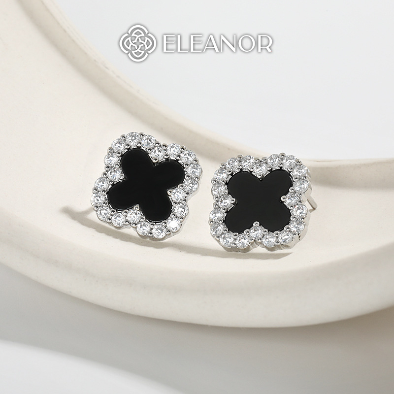 Bông tai nữ chuôi bạc 925 Eleanor Accessories cỏ 4 lá khuyên tai đính đá phụ kiện thời trang 7103