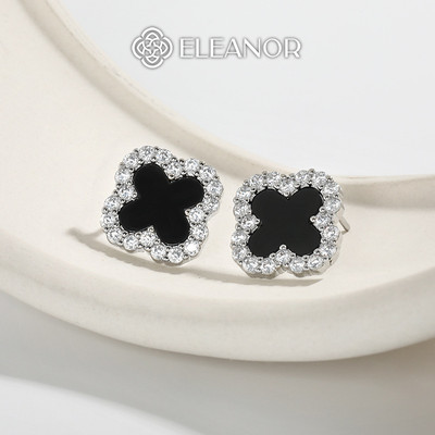 Bông tai nữ chuôi bạc 925 Eleanor Accessories cỏ 4 lá khuyên tai đính đá phụ kiện thời trang 7103