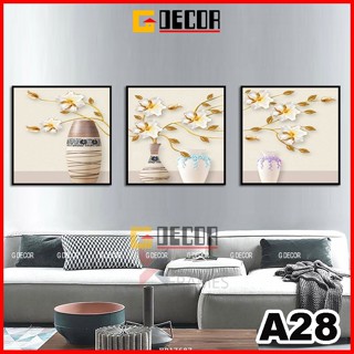  Tranh treo tường vuông canvas 3 bức hiện đại A28 tranh hoa lá trang trí phòng khách phòng ngủ spa 