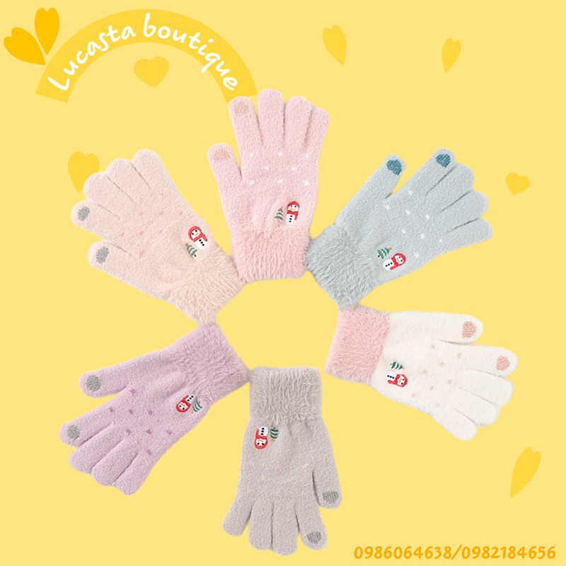 Găng Tay Len mix  lông Cashmere Dày Dặn Giữ Ấm Mùa Đông Có Thể Chạm Màn Hình Cảm Ứng Dành Cho Nữ