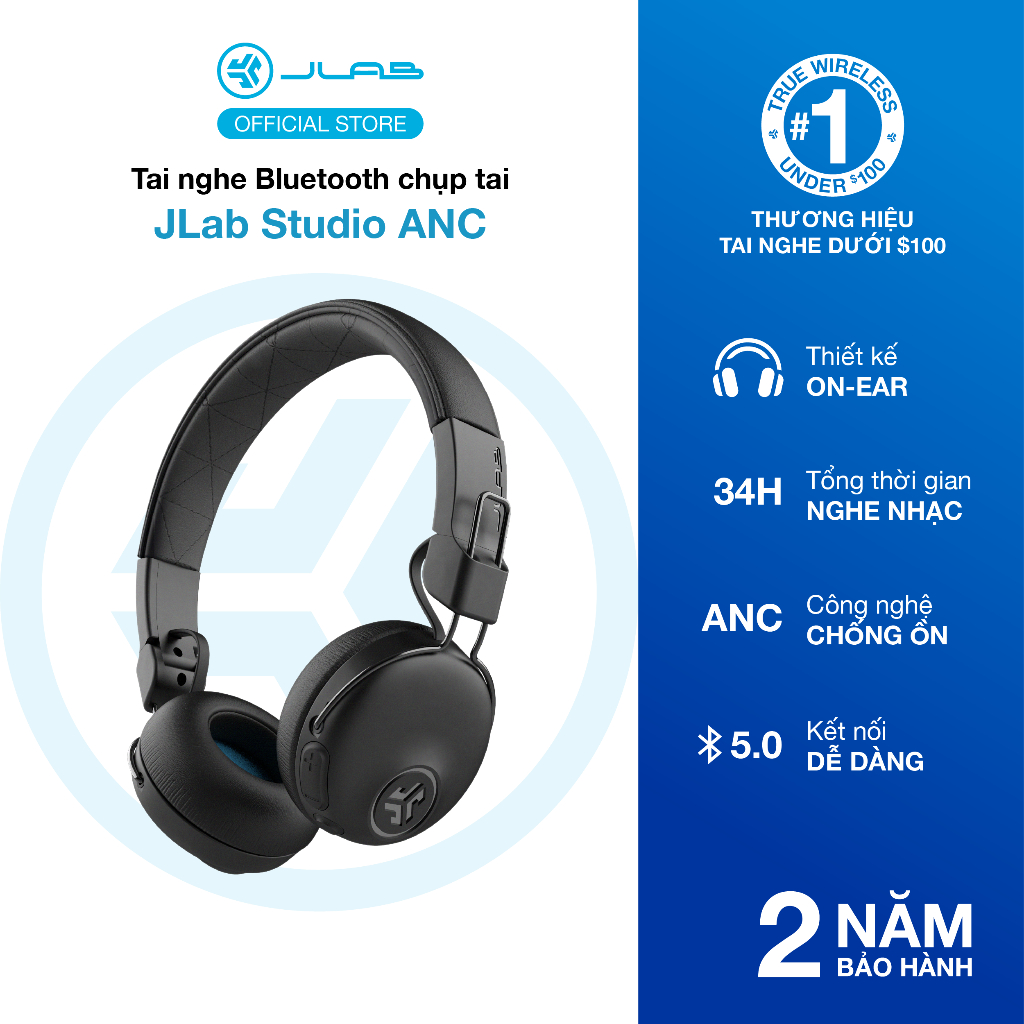 Tai nghe Bluetooth chụp tai TWS On-ear Jlab Studio ANC màu đen chống ồn thời gian nghe 34H Bluetooth 5.0 âm thanh EQ3