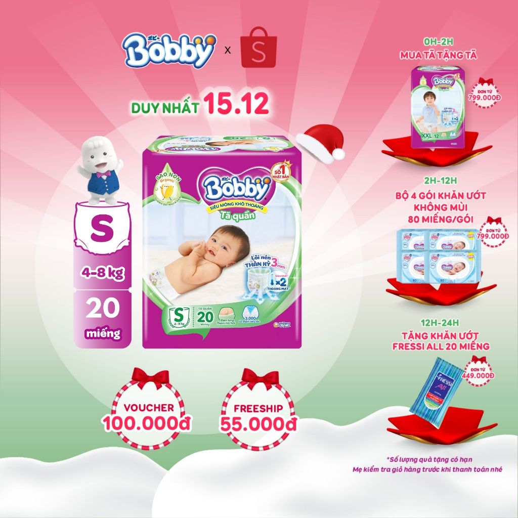 Tã quần Bobby Lõi nén thần kỳ 3mm Gạo non S20/M18/L16/XL14/XXL12