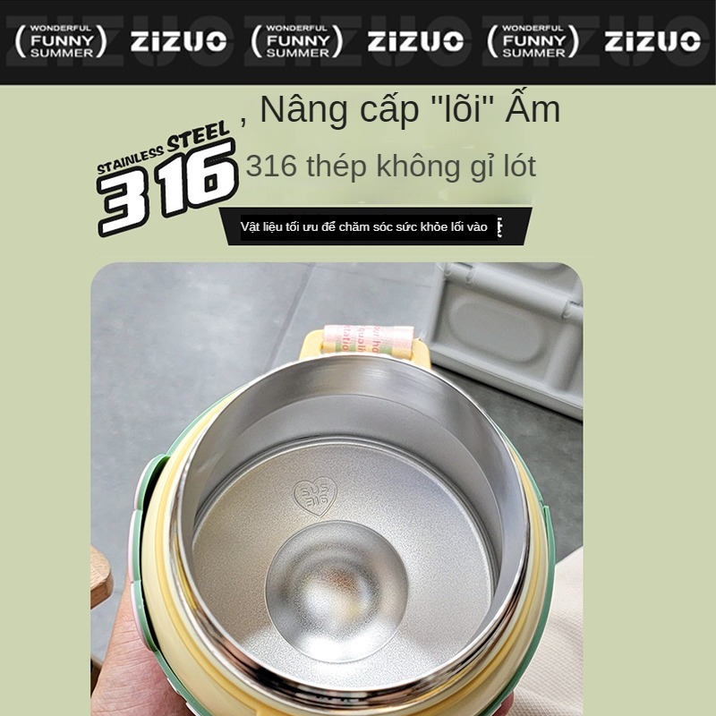 Bình nước giữ nhiệt trẻ em cho bé đi học INOX 316 850ml dễ thương có dây đeo tặng kèm sticker 2D 3D, bộ rửa bình