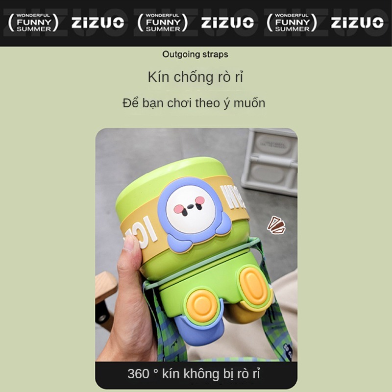 Bình nước giữ nhiệt trẻ em cho bé đi học INOX 316 850ml dễ thương có dây đeo tặng kèm sticker 2D 3D, bộ rửa bình