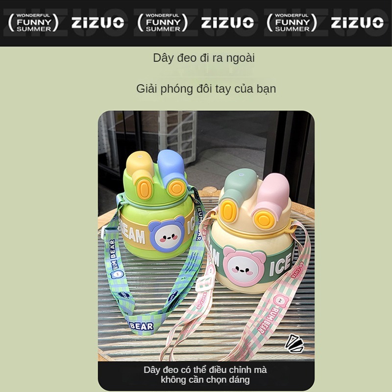 Bình nước giữ nhiệt trẻ em cho bé đi học INOX 316 850ml dễ thương có dây đeo tặng kèm sticker 2D 3D, bộ rửa bình