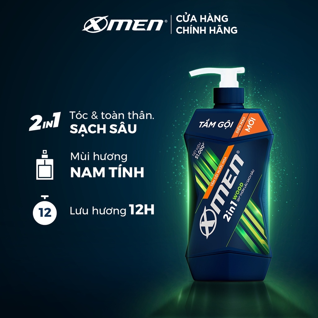 Tắm Gội Nước Hoa X-Men Wood 2in1 thơm lâu sạch sâu 900g