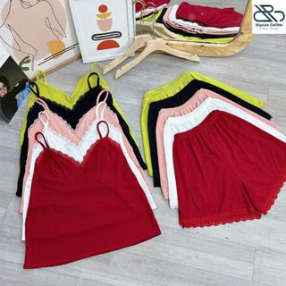 Bộ Đồ Big Size Áo Dây Viền Ren Kèm Quần Đùi Chất Gân Tăm Co Giãn Bigsize Cô Nhỏ, Bộ Quần Short Áo Thun G124