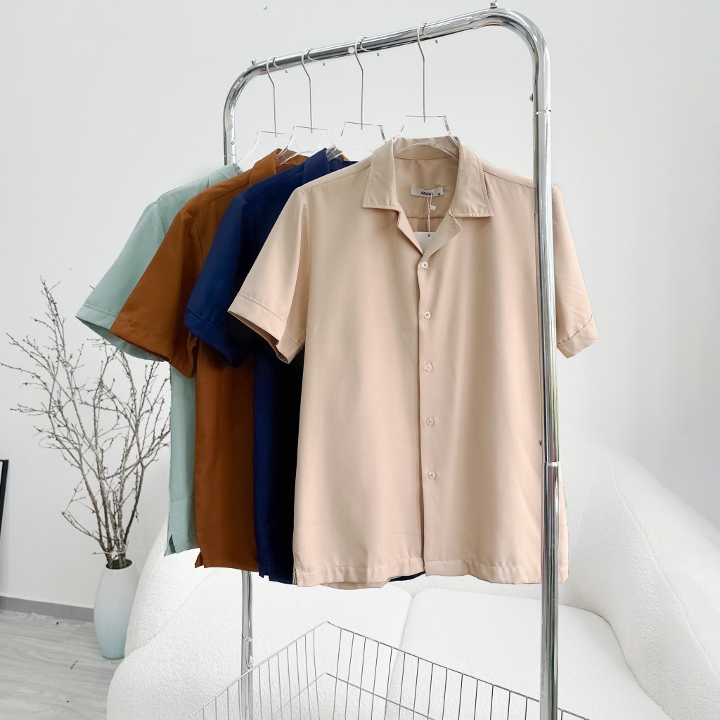 Áo sơ mi nam ngắn tay cổ vest Cuban, chất vải lụa cao cấp, mềm mại ,thanh lịch, chuẩn form- SEOUL
