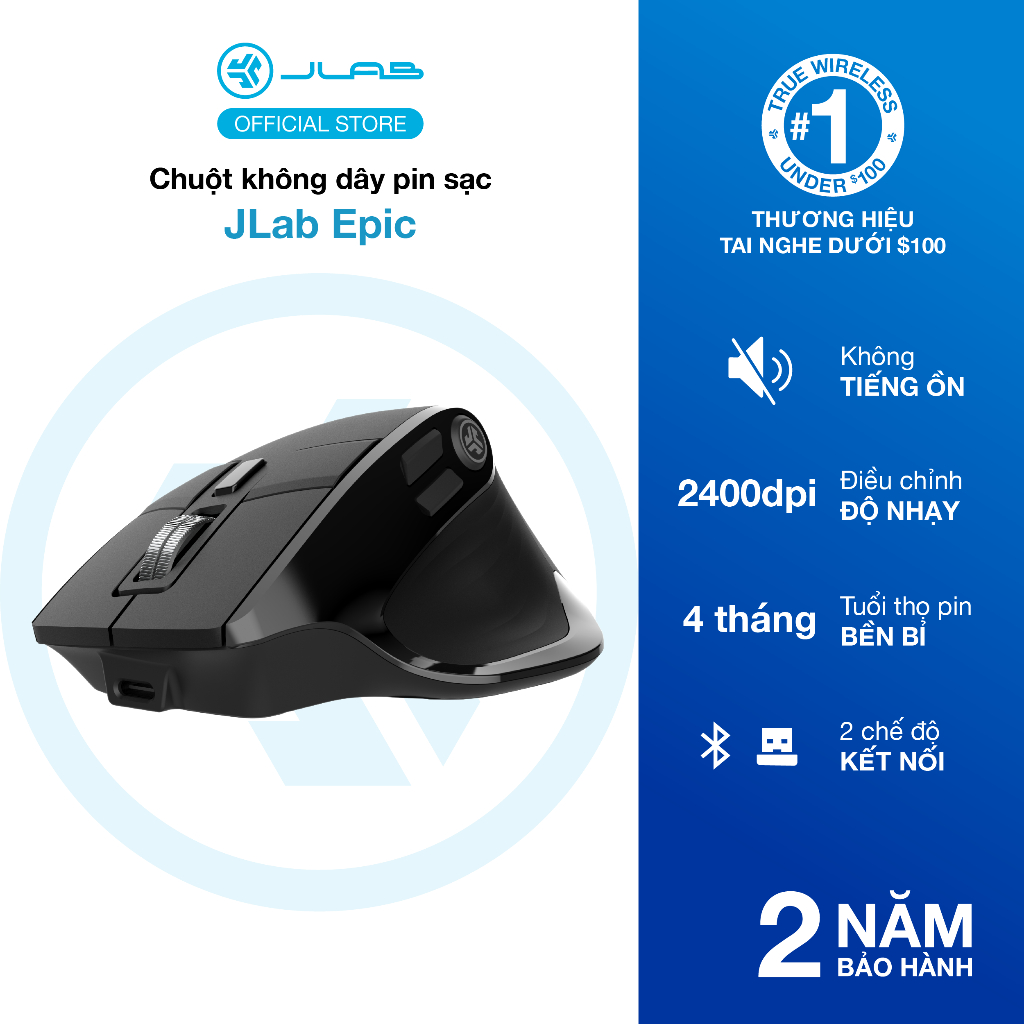 Chuột không dây pin sạc Jlab Epic 2 chế độ kết nối DPI 2400 9 nút Silent thiết kế công thái học phù hợp Laptop/PC