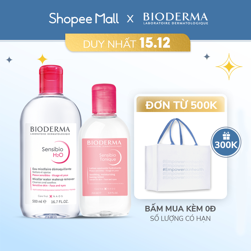 Bộ đôi nước tẩy trang làm sạch micellar cho da nhạy cảm Bioderma Sensibio H2O 500ml và dung dịch cân bằng,dưỡng ẩm 250ml