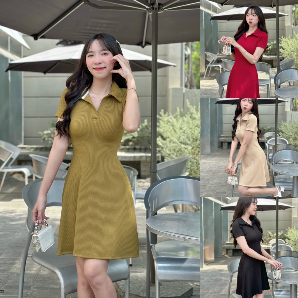 Đầm xòe thun gân QC cổ polo thiết kế đơn giản tôn dáng CHIBEST LDC123