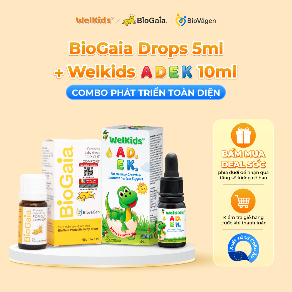 Combo phát triển toàn diện gồm 1 lọ vitamin ADEK Welkids 10ml + 1 lọ men vi sinh Biogaia Protectis Drops 5ml