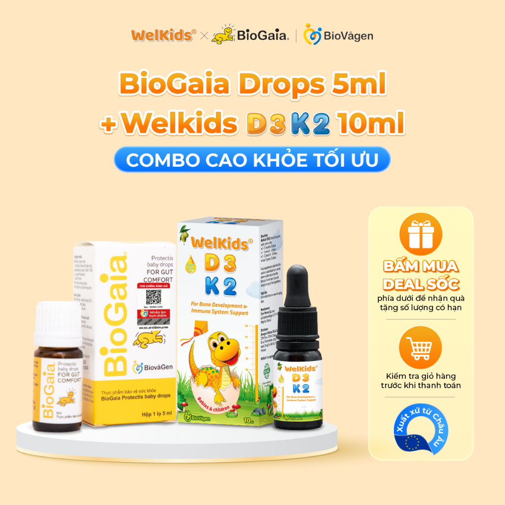 Combo 1 Men vi sinh BioGaia Protectis Drops 5ml + 1 Vitamin D3K2 Welkids 10ml