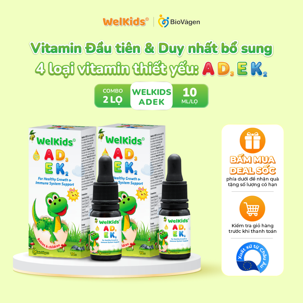 Combo gồm 2 lọ WelKids ADEK tinh khiết bổ sung vitamin A,E và D3 K2 MK7 tan trong dầu olive hữu cơ