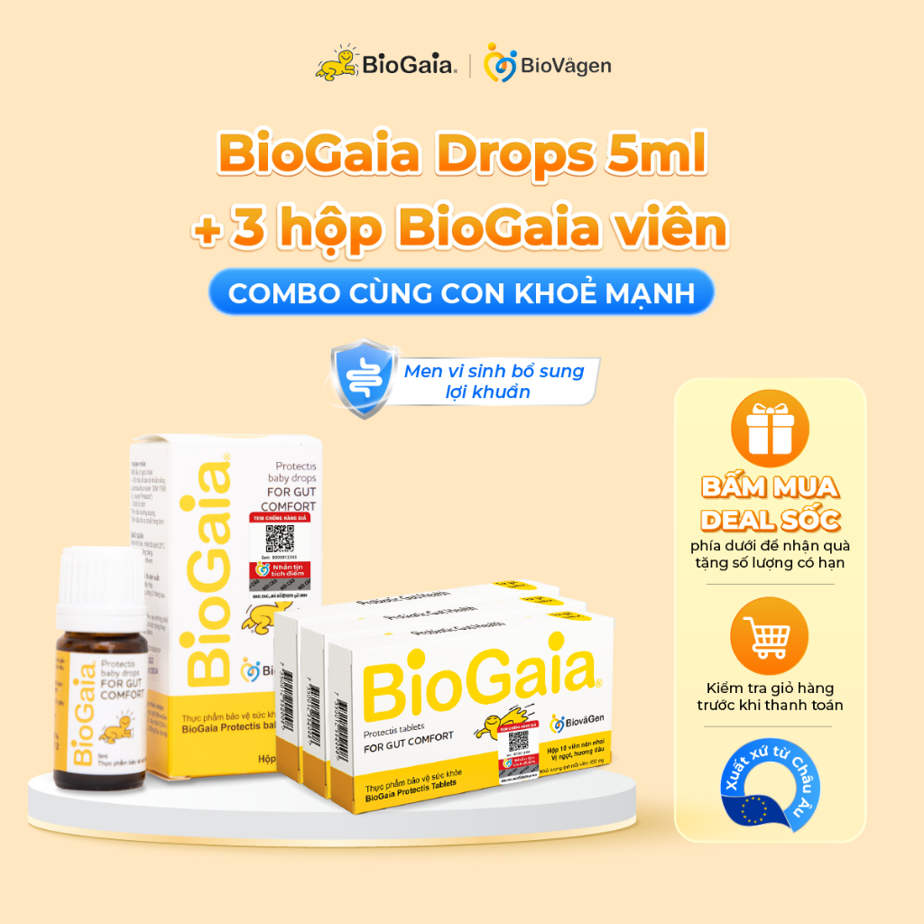 Combo cùng con khỏe mạnh gồm 1 lọ men vi sinh BioGaia Protectis Drops và 3 hộp men vi sinh BioGaia dạng viên