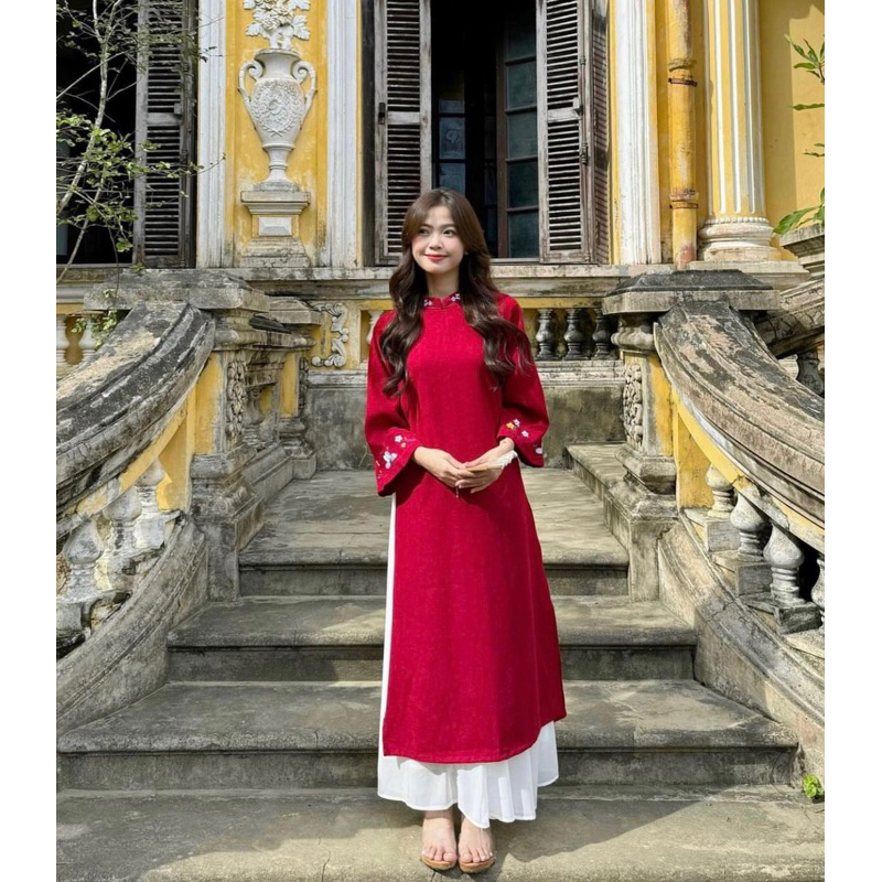 Áo dài “MẪN NGHI” - Set áo dài đỏ nhung lì thêu hoa cổ tàu mix chân váy voan tơ trắng