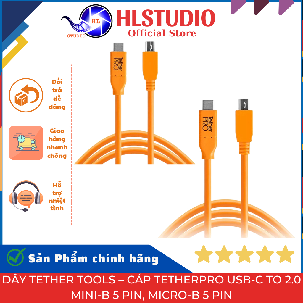 Dây Tether Tools – Cáp TetherPro USB-C to 2.0 Mini-B 5 Pin, Micro-B 5 Pin – Dài 4.6m HL Studio
