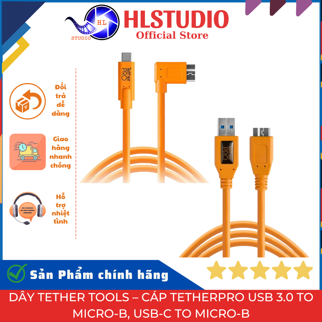 Dây Tether Tools – Cáp TetherPro USB 3.0 to Micro-B, USB-C to Micro-B – Dài 4.6m HL Studio