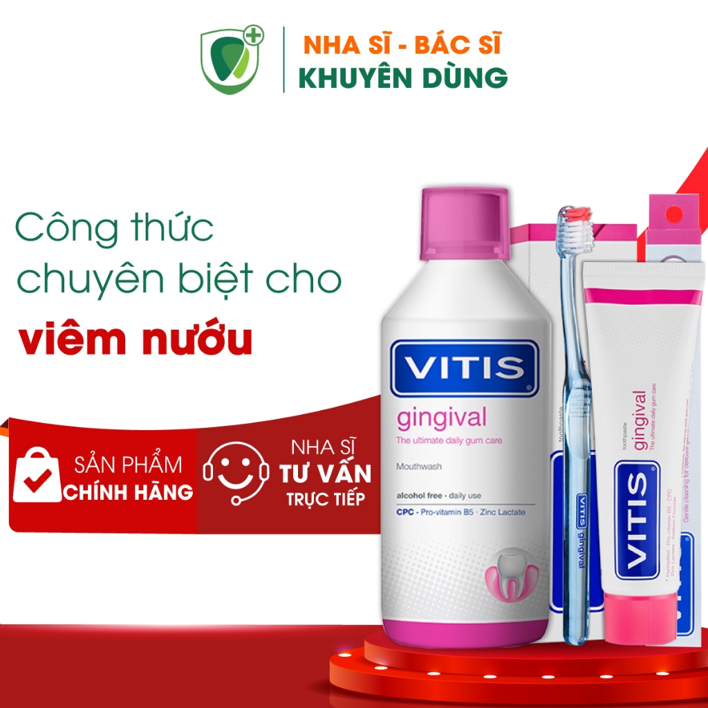 Bộ 3 Món Chăm Sóc Nướu Lợi VITIS GINGIVAL, Gồm Nước súc miệng 500ml, Kem đánh răng 100ml, Bàn chải lông mềm