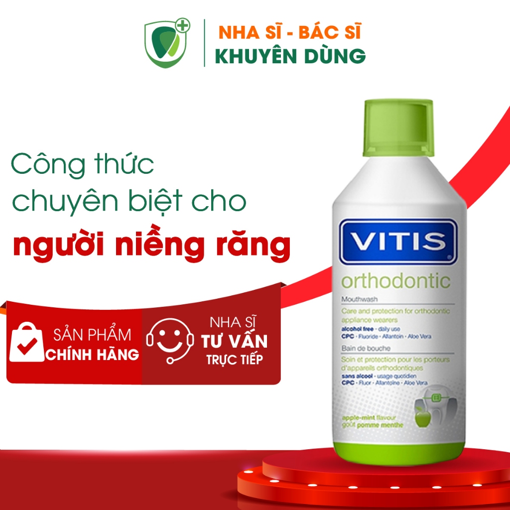 Nước súc miệng VITIS Orthodontic cho Răng niềng, Chỉnh nha, Sạch kẽ mắc cài, Ngừa mảng bám, Chai lớn 500ml