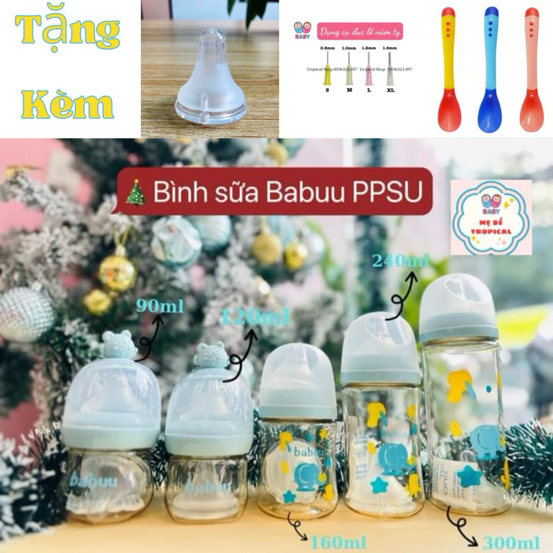 ( Tặng 1 núm + 1 đục lỗ + 1 thìa silicon ) Bình sữa Babuu cổ rộng PPSU dung tích 90, 120, 160, 240, 300ml .