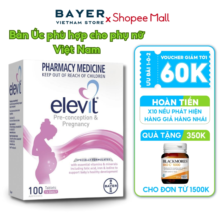 Viên Uống Cho Bà Bầu Elevit Healthy Baby Healthy Mum hỗ trợ tăng cường sức khoẻ 100 viên Bayer Úc