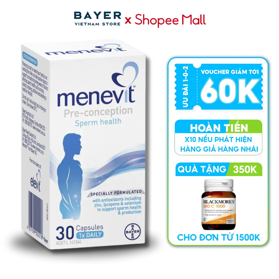 Viên uống Menevit Bayer Úc hỗ trợ cải thiện sinh lý yếu, nâng cao chất lượng tinh trùng cho nam giới 30/90 viên