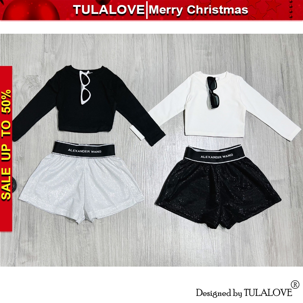 Quần Short Cạp Chun, Áo Croptop Dài Tay Cho Bé Gái Tulalove