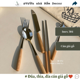 Đũa thìa dĩa inox cán gỗ cao cấp phong cách Hàn Quốc, bộ thìa đũa cá nhân cán giả gỗ