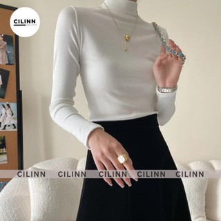 Áo thun cổ lọ dáng dài Chất Thun gân Co Dãn Áo thun ôm body Cilinn