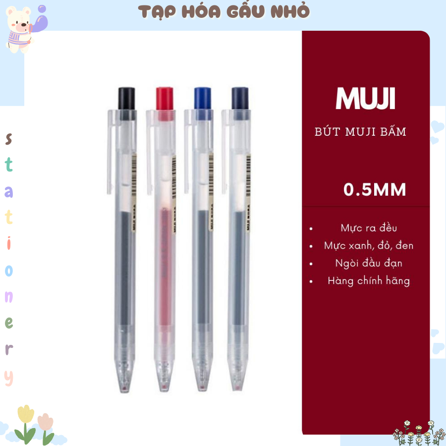 Bút Muji bấm mực xanh, đỏ, đen, bút gel muji chính hãng