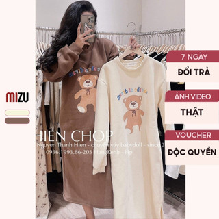 Váy Babydoll In Gấu Chữ Dễ Thương Dài Tay Nỉ Bông Siêu Ấm Cổ Tròn Có Bigsize MIZU - Chất Vải Nỉ Nhẹ Ấm Dáng Dài Ảnh Thật