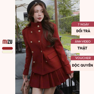 Set nỉ áo khoác dài tay khuy đồng lắp túi phối chân váy xếp ly khoá c ó bigsize mizu - bộ chất vải nỉ 2 lớp lót lanh v4