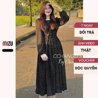Váy Babydoll Chấm Bi Dài Tay Chun Có Bigsize MIZU Bụng Co Giãn Cổ Tròn Dáng Suông Đầm Vải Tơ Lót Lanh 2 Lớp Mát Nhẹ V PL