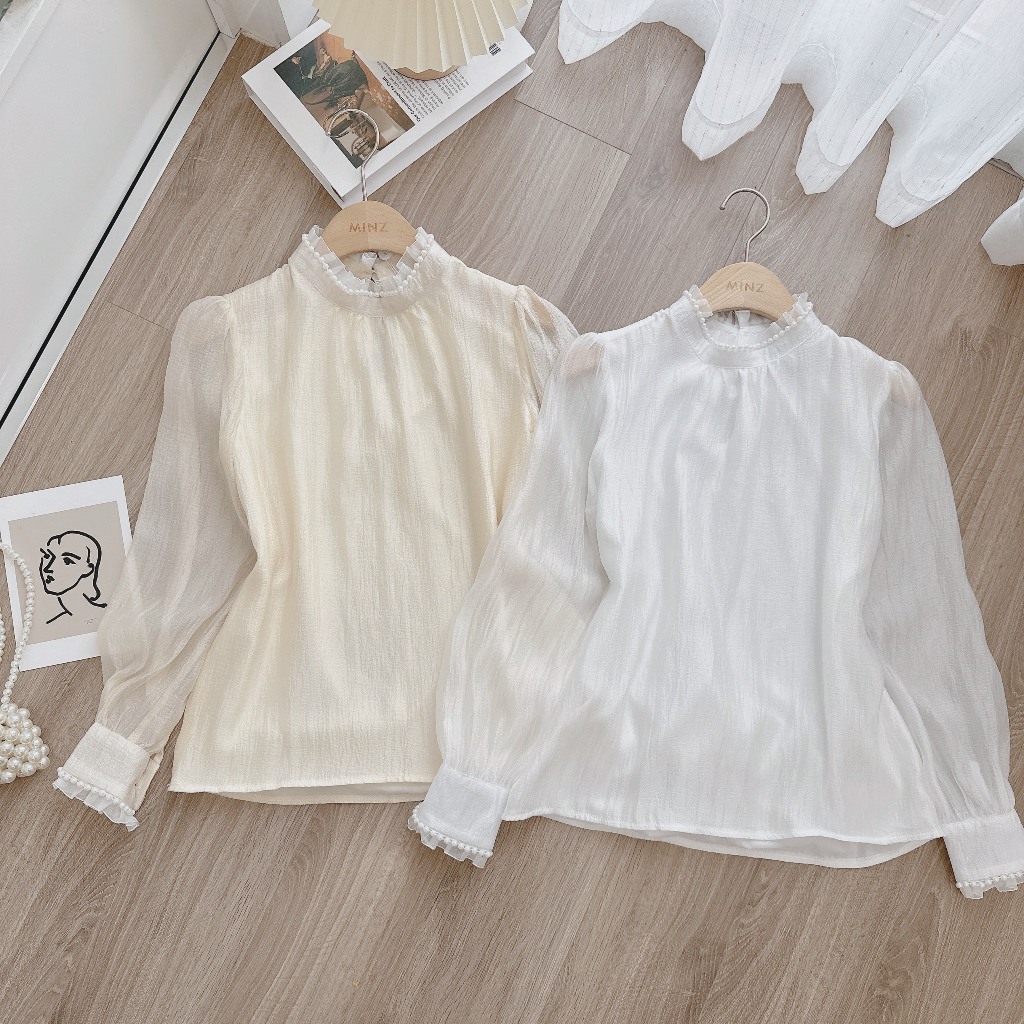 Áo Tơ Cổ Bèo Đính Ngọc MINZ STORE Mã 2031, Thiết Kế Phong Cách Công Sở