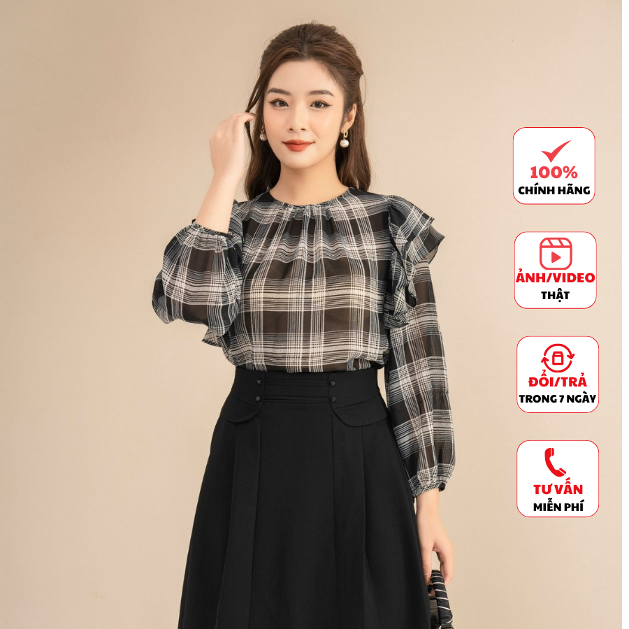 Áo sơ mi nữ FIONA dáng suông sơ mi kiểu công sở kẻ ô đen trắng phong cách Hàn Quốc F552830
