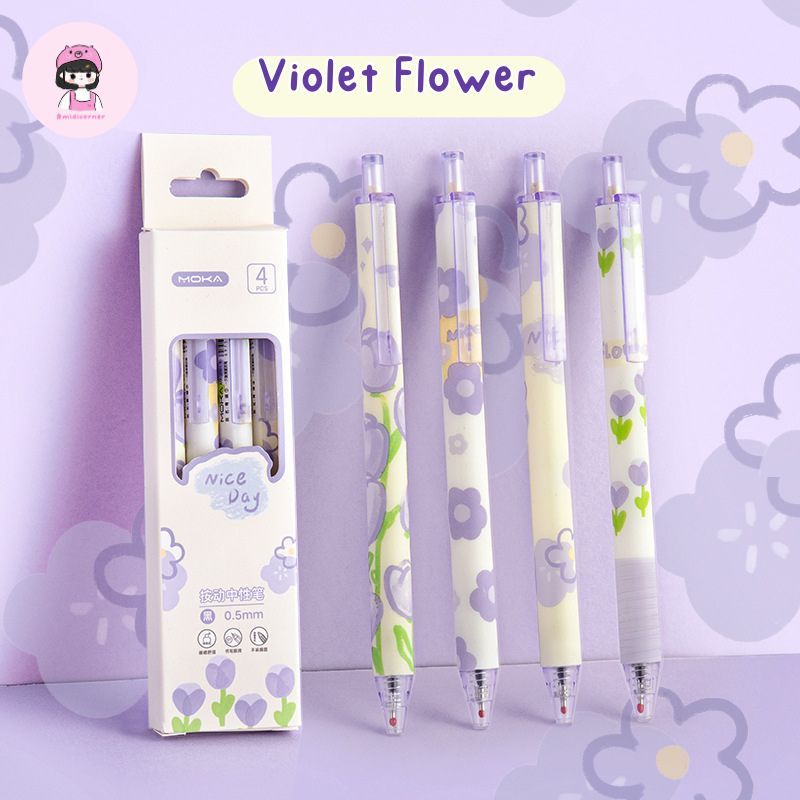 Set 4 Bút Mực Gel Ngòi 0.5mm Pastel Họa Tiết Hoa Đáng Yêu Dễ Thương Midi Corner