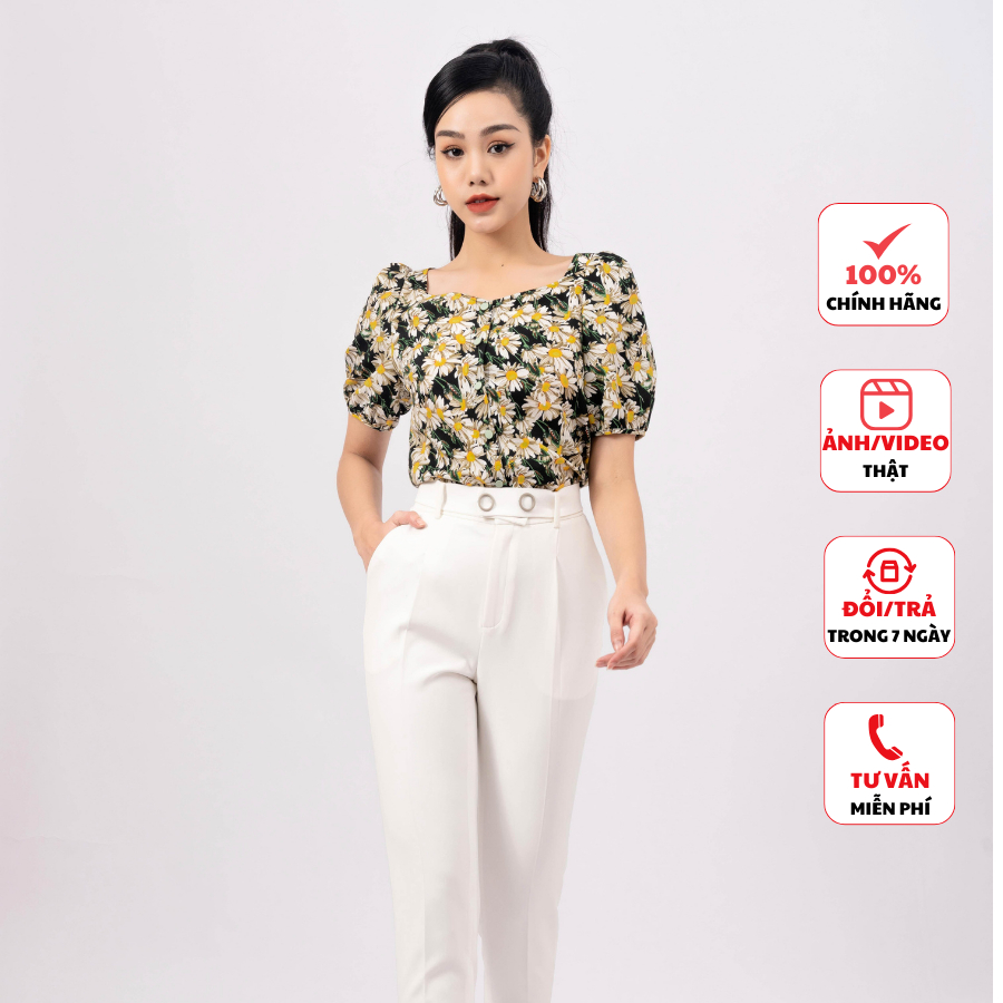 Áo sơ mi nữ FIONA sơ mi nữ công sở thiết kế cao cấp tay bồng họa tiết cúc họa mi trẻ trung F551159