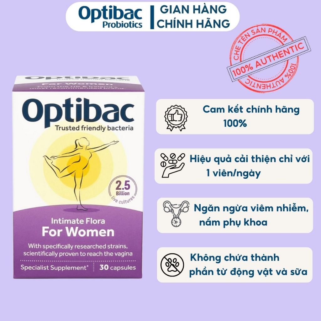 Men Vi Sinh Phụ Khoa Optibac tím (Optibac For Women) - Chăm Sóc Vùng Kín, Tăng Cường Sức Đề Kháng, Hộp 30 viên/90 viên