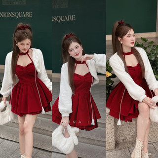 SET ĐẦM MIDI 2S BÚN HOA NUDE CỘT EO +  KHOÁC ĐEN