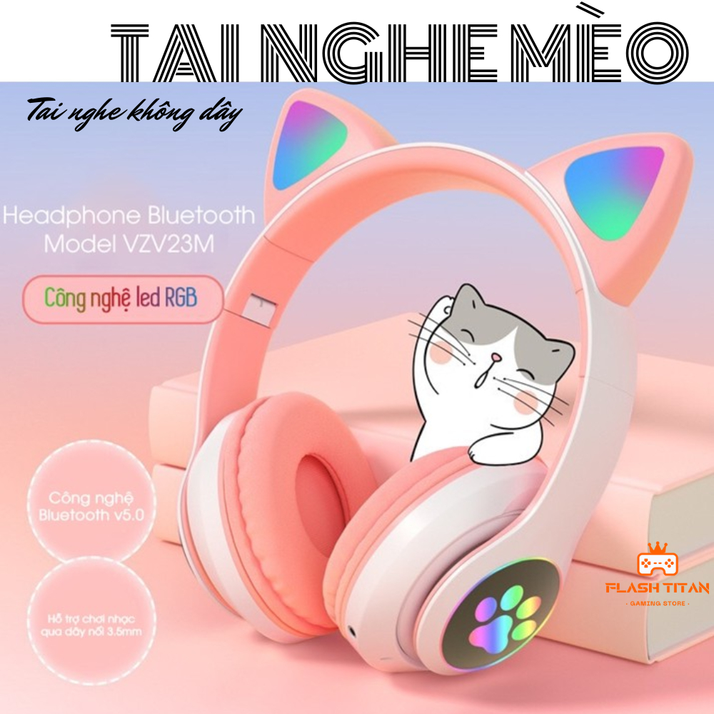 Tai nghe bluetooth tai mèo - có mic Headphone tai mèo dễ thương, âm bass mạnh mẽ, dung lượng pin khủng - Led 7 màu